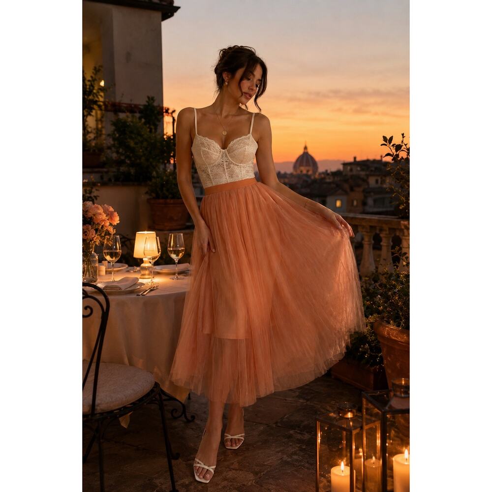 Ontwelfth Peach Tulle Balletcore Romantic Midi Skirt